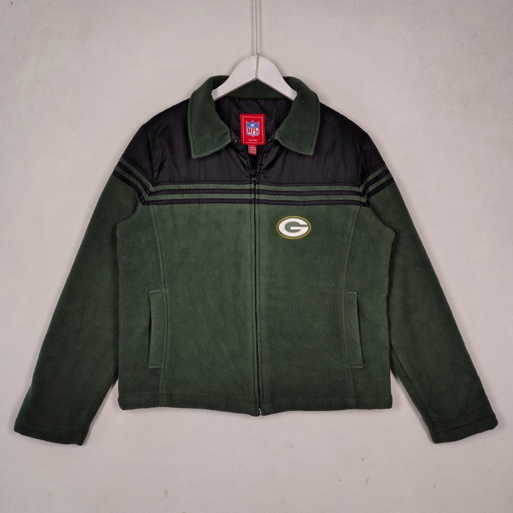 NFL For Her Green Bay Packers Fleece Jacket Green Black Quilted Lined Large